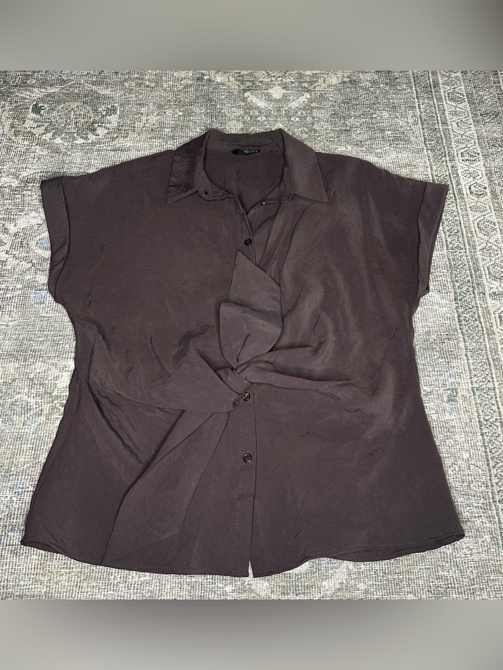 Zara Front Twist Button Up Cap Sleeve Dark Brown Women’s Size Small